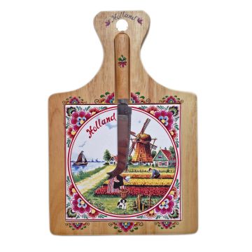 Cheeseboard with polychrome tile and knife