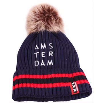 Kabelmuts met pompon Amsterdam donkerblauw