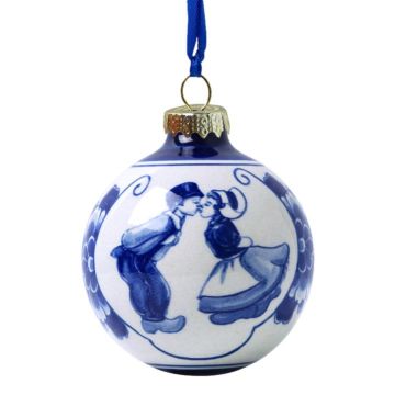 Delfts blauwe kerstbal met kussend paar, 7 cm 