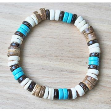 Surfer armband 8mm kralen turkoois, wit en kokos bruin.