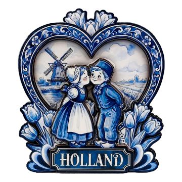 Magneet Kussend Paar in Hart met Tulpen - Delftsblauw   