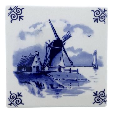 Tegel Delfts Blauw "Molen met Boot" , 13 cm 