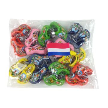 10 gekleurde dubbel houten Holland Klomp sleutelhangers in zakje 4cm