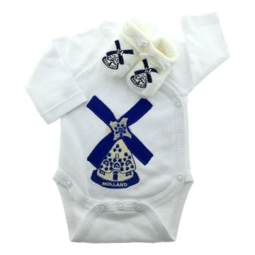 Baby romper cadeauset Blauwe Molen met slofjes (0-3 maanden)