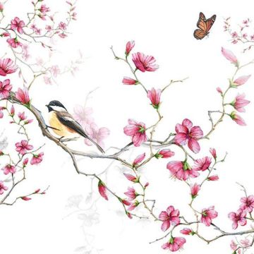 Pakje Servetten "Vogels & Bloesems , Wit" (20 stuks)