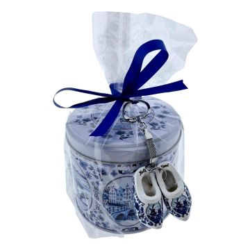 Delfts Blauw Traditioneel Blik met Stroopwafels en sleutelhanger