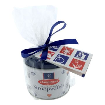 Stroopwafels in blikje, met cadeaubericht