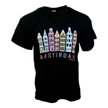T-Shirt Amsterdam Gekleurde Grachtenpanden , Zwart
