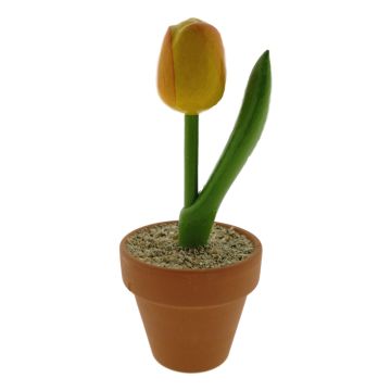 Houten tulpje in aardewerk potje, Geel