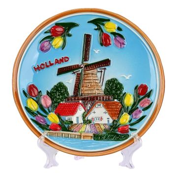 Plate Delft blue Dutch windmill and tulips, 15 cm (medium)