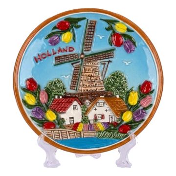 Wandbord Hollandse tulpen en molen gekleurd, 10 cm (klein)