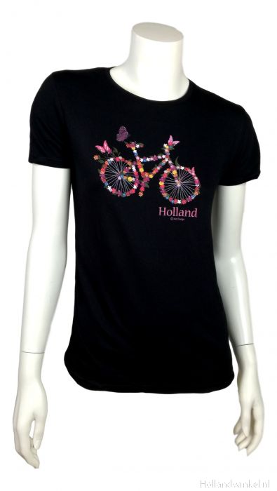Vergelijken software Ga trouwen Dames T-Shirt Fiets met Bloemen Zwart kopen bij HollandWinkel.NL