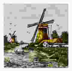 Polychrome tegel- "Molen met brug" , 15 cm 