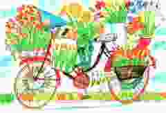 Postkaart kleurrijke fiets met bloemen