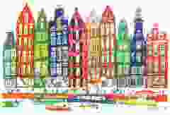 Postkaart gekleurde grachtenhuizen