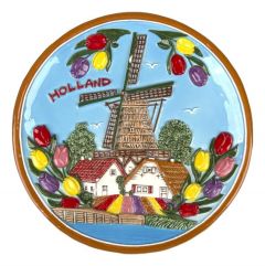 Wandbord Hollandse tulpen en molen gekleurd, 20 cm