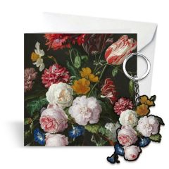 Postkaart met sleutelhanger "Stilleven met bloemen in een glazen vaas", Jan Davidsz. de Heem