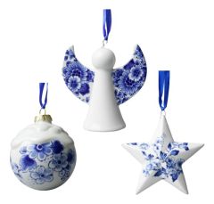 Delfts Blauwe Bloemen Kerstornamenten Set