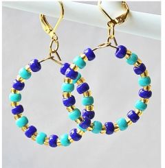 Ronde oorbellen met Miyuki 4mm kralen in kobalt blauw en turkoois groen