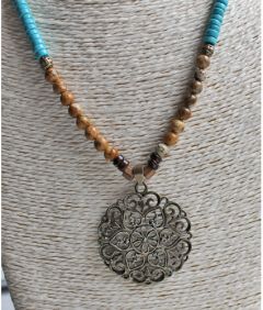 Necklace Boho style with bronze filigrain pendant