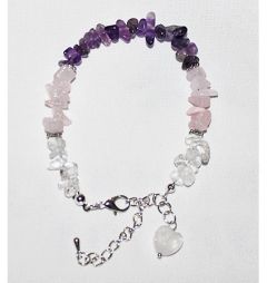Armband splitkralen Bergkristal, Amethist en Rozekwarts met rozekwarts hartje