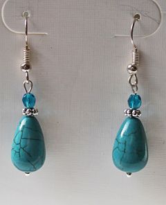 Earrings blue green ceramic beads and turquoise chip. sweet silver bird