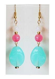 Lange kunststof oorbellen, aqua, cerise en creme