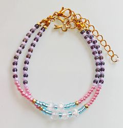 Armband dubbele rij Miyuki 3mm kralen, lila en paars, roze en aqua met kristal kralen