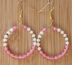 Hoop earrings with 4mm Miyuki seed beads in soft pink, white and gold colored beads