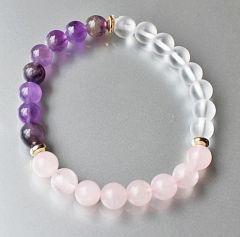 Armband 8mm rozekwarts, bergkristal en Amethist kralen.