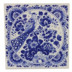 Delft blue tile - "Peacock with flowers", 15 cm