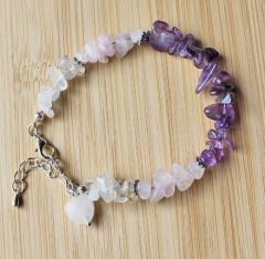 Bracelet chip beads Rock crystal, Amethyst and Rose quartz, with rose quartz heart charm