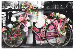 Postkaart roze fiets met bloemen