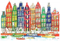 Postkaart gekleurde grachtenhuizen