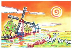 Postkaart koeien en molens