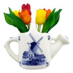 Magneet keramiek gieter met tulpen - Delfts blauw - 5 cm