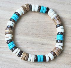 Surfer armband 8mm kralen turkoois, wit en kokos bruin.