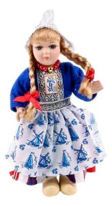Porseleinen Pop - Nederlandse Klederdracht Blauw , 17 cm