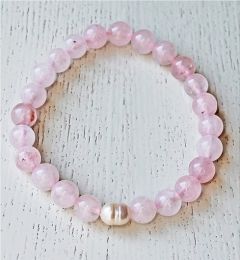 Armband 8mm Rozekwarts met cultive zoetwater parel