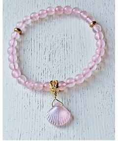 Armband 6mm Rozekwarts kralen met glazen roze bedel, 17-18cm.