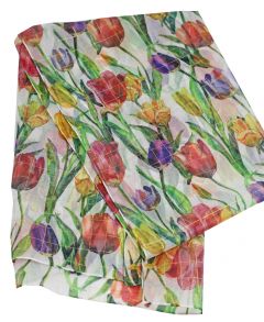 Sjaal wit met gekleurde tulpen, lang
