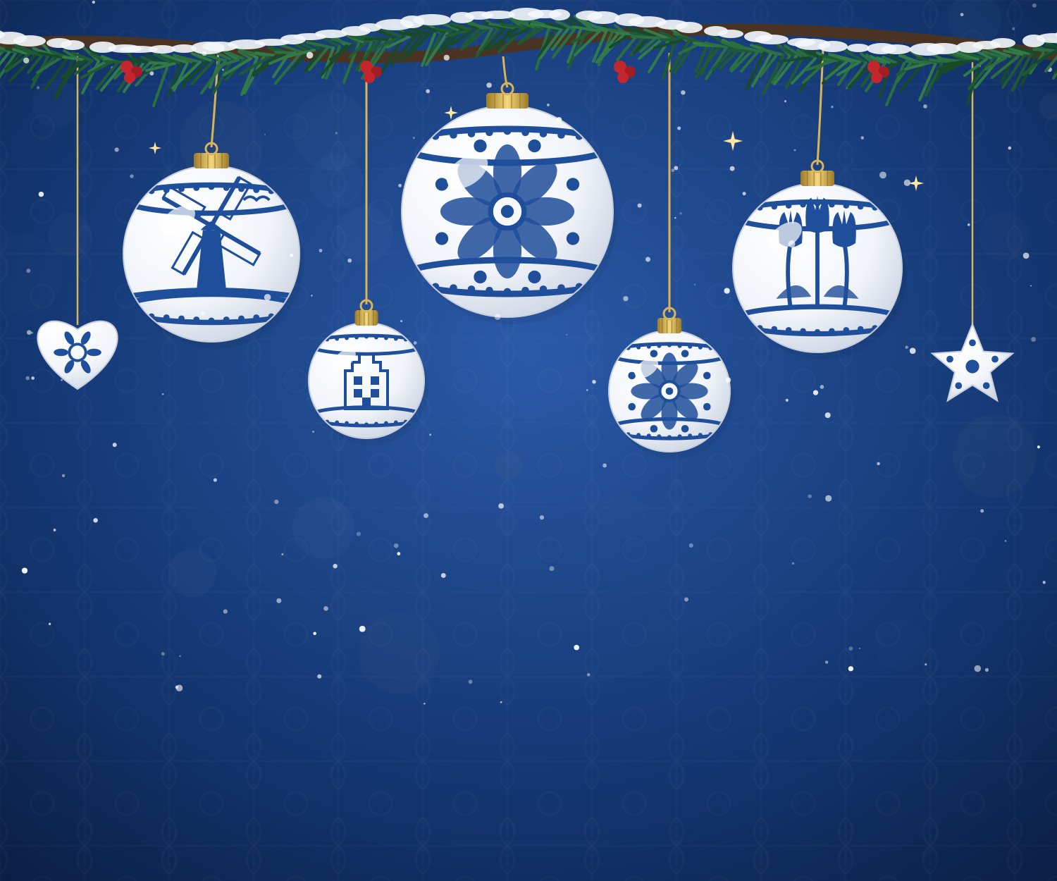 White Christmas baubles and ornaments with a Delft Blue windmill, tulips and flowers hanging from a snowy pine branch