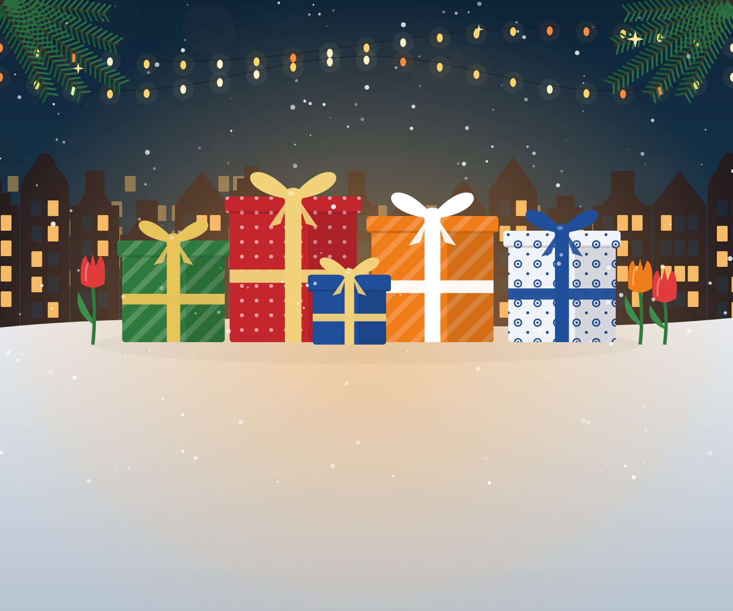 Colourfully wrapped Christmas presents in the snow in front of illuminated Dutch canal houses